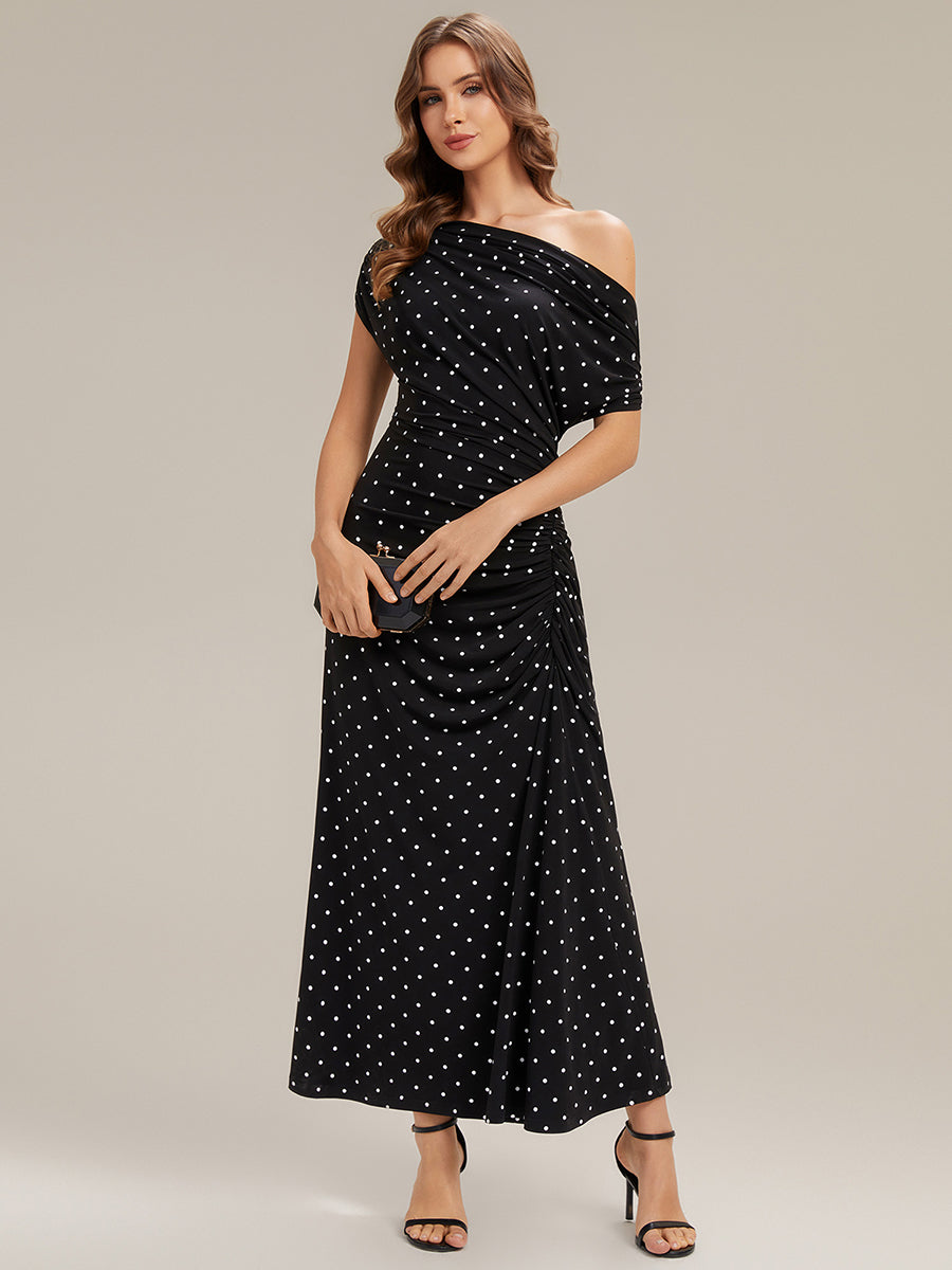 black and white polka dot wedding dress ZAPAKA Women Black Summer Cocktail Dress A Line Off The Shoulder White Polka Dots Dress with Slit, Black White Dot / US6