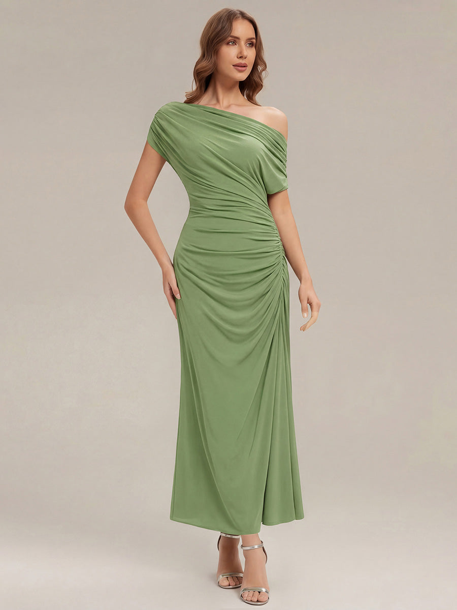 Color=Sage Green | Wholesale Pricing Short Sleeves Asymmetrical Polka Dot Sheath Maxi Wedding Guest Dresses-Sage Green 6