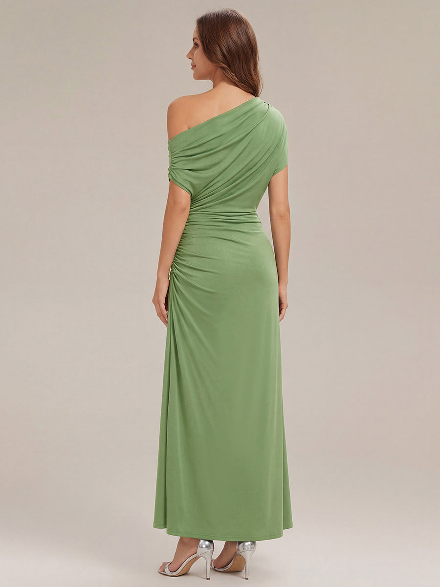 Color=Sage Green | Wholesale Pricing Short Sleeves Asymmetrical Polka Dot Sheath Maxi Wedding Guest Dresses-Sage Green 7
