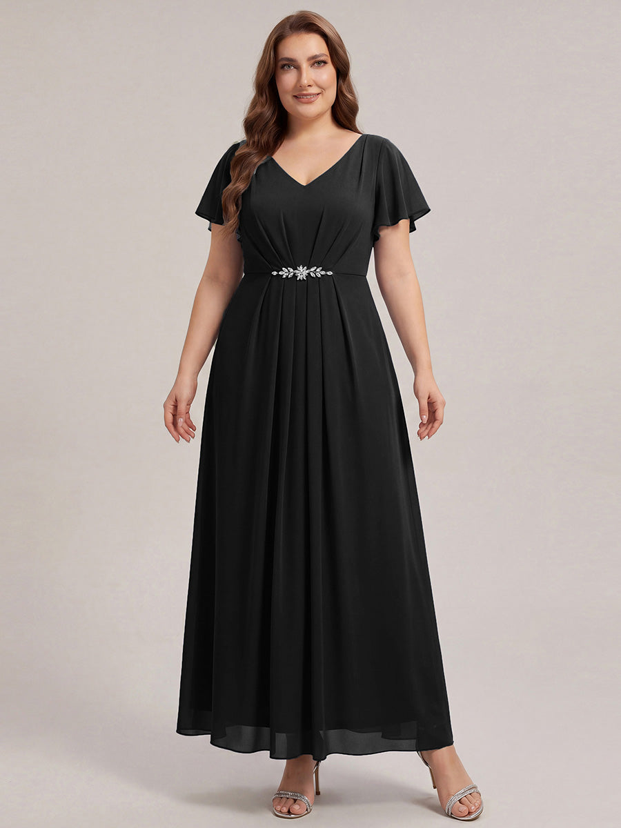 Color=Black | Wholesale Short Sleeve Ruffle V-Neck Beaded A-Line Maxi Wedding Guest Dresses-Black 6