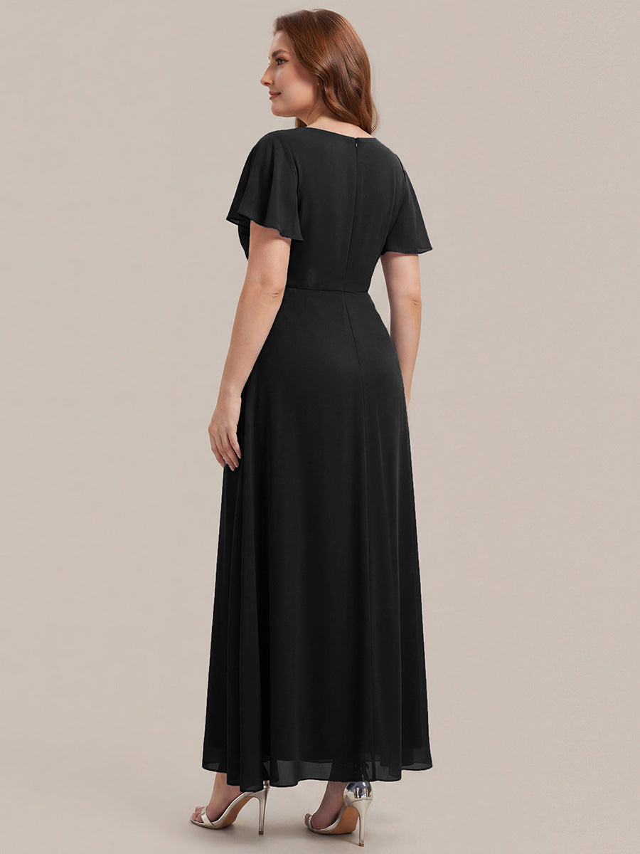 Color=Black | Wholesale Short Sleeve Ruffle V-Neck Beaded A-Line Maxi Wedding Guest Dresses-Black 7