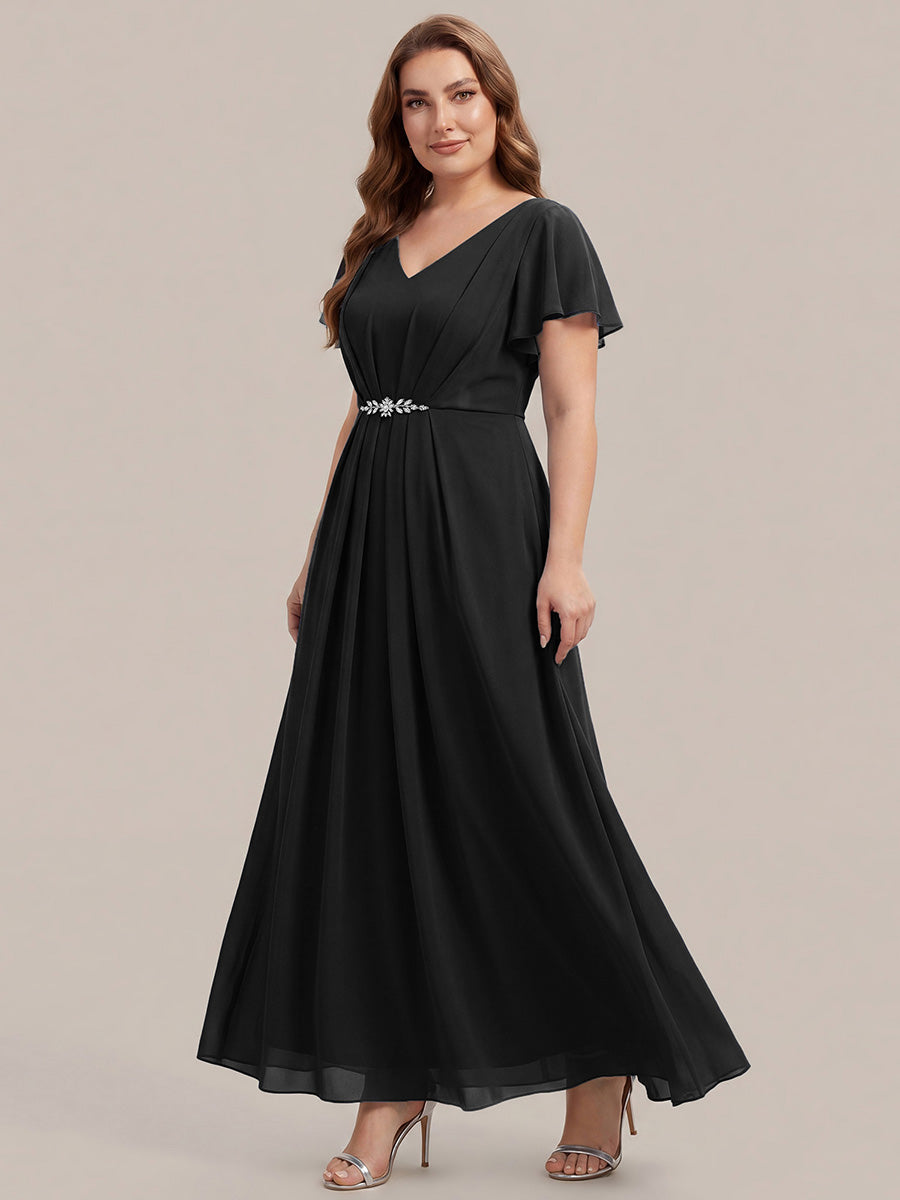 Color=Black | Wholesale Short Sleeve Ruffle V-Neck Beaded A-Line Maxi Wedding Guest Dresses-Black 9