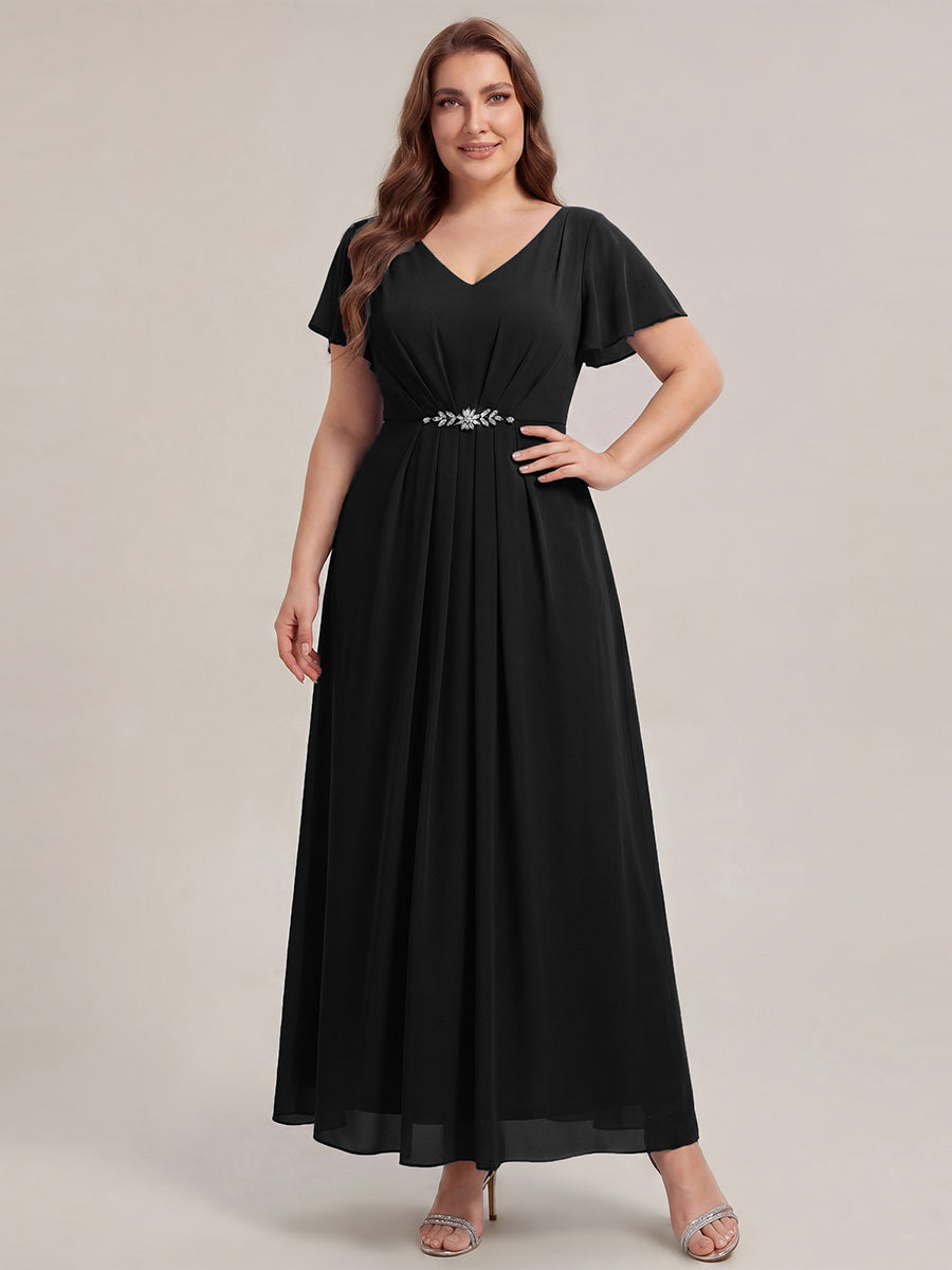 Color=Black | Wholesale Short Sleeve Ruffle V-Neck Beaded A-Line Maxi Wedding Guest Dresses-Black 10