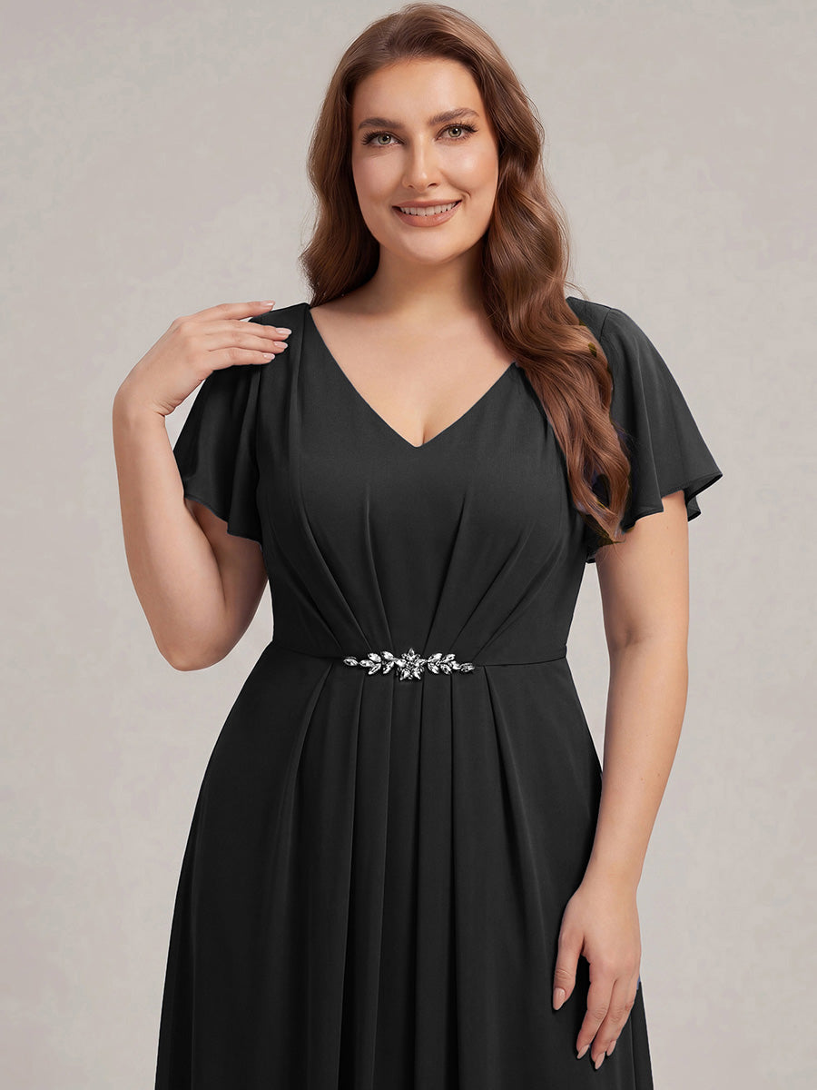 Color=Black | Wholesale Short Sleeve Ruffle V-Neck Beaded A-Line Maxi Wedding Guest Dresses-Black 8