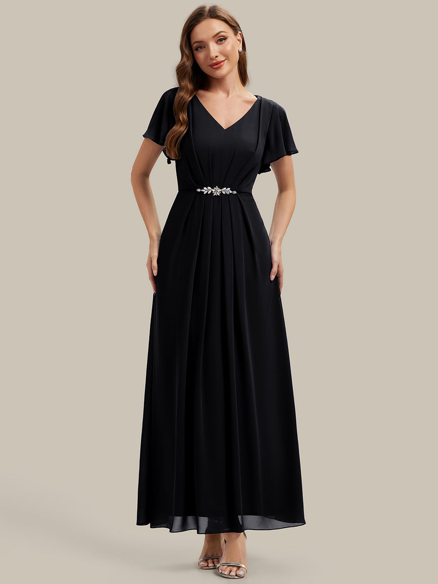 Color=Black | Wholesale Short Sleeve Ruffle V-Neck Beaded A-Line Maxi Wedding Guest Dresses-Black 1
