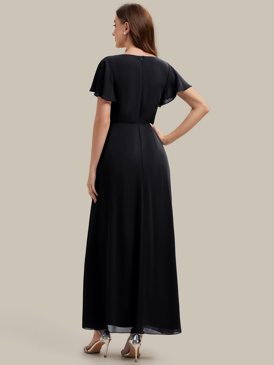 Color=Black | Wholesale Short Sleeve Ruffle V-Neck Beaded A-Line Maxi Wedding Guest Dresses-Black 2