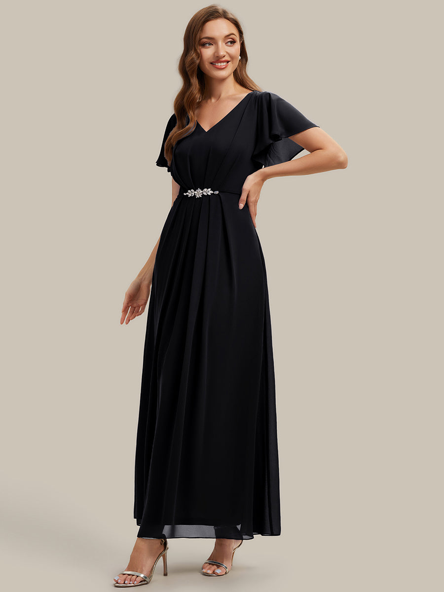 Color=Black | Wholesale Short Sleeve Ruffle V-Neck Beaded A-Line Maxi Wedding Guest Dresses-Black 4
