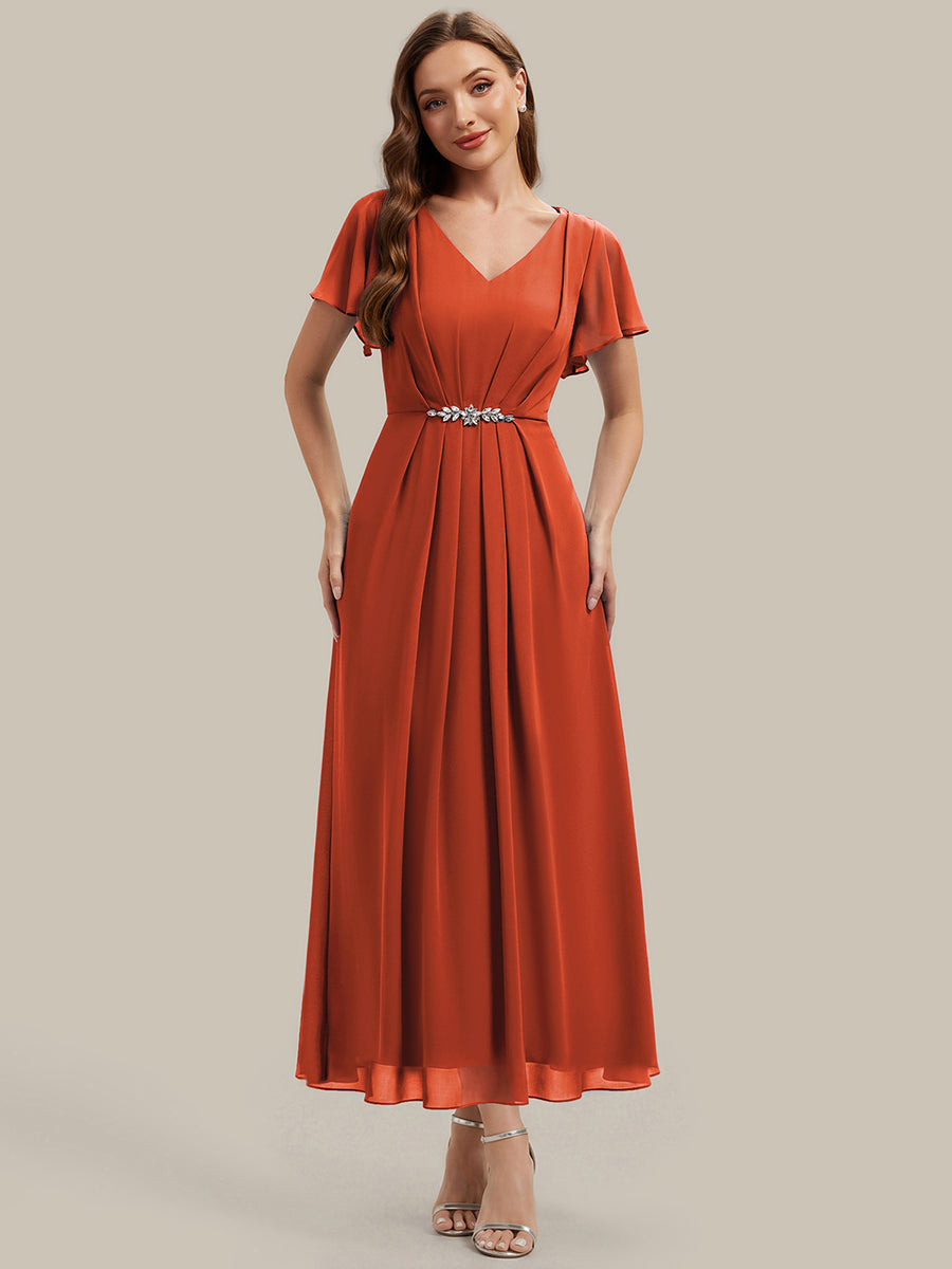 Color=Burnt Orange | Wholesale Short Sleeve Ruffle V-Neck Beaded A-Line Maxi Wedding Guest Dresses-Burnt Orange 1