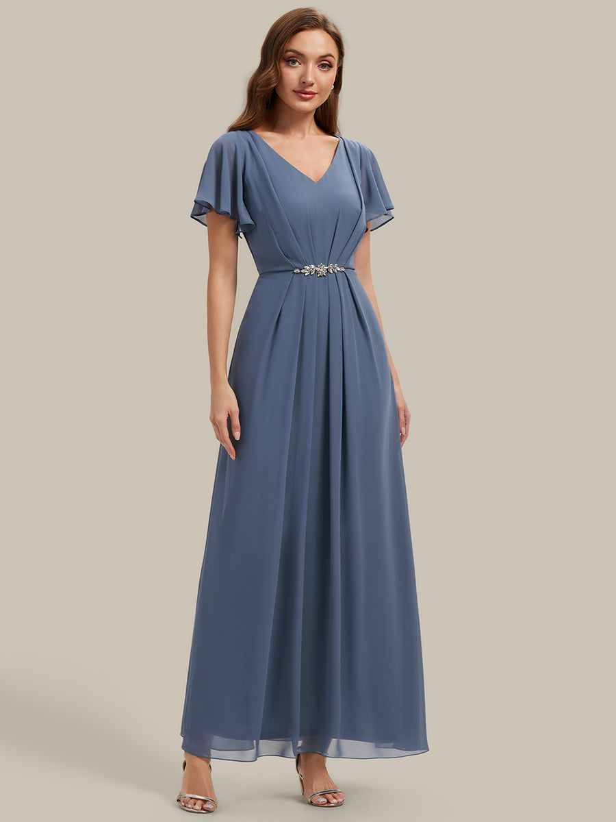 Color=Dusty Blue | Wholesale Short Sleeve Ruffle V-Neck Beaded A-Line Maxi Wedding Guest Dresses-Dusty Blue 15