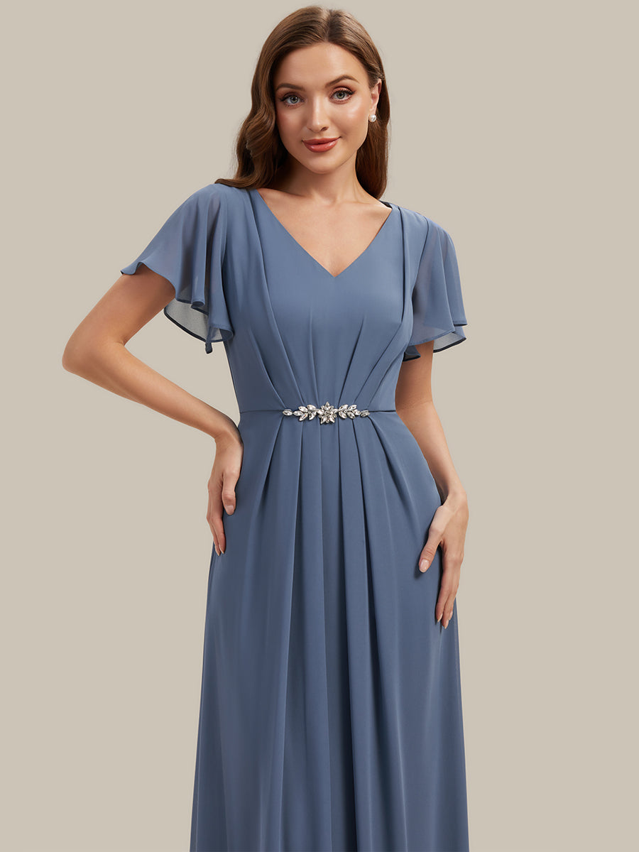 Color=Dusty Blue | Wholesale Short Sleeve Ruffle V-Neck Beaded A-Line Maxi Wedding Guest Dresses-Dusty Blue 13