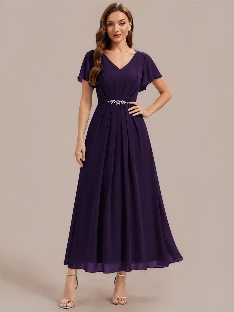 Color=Dark Purple|Wholesale Short Sleeve Ruffle V-Neck Beaded A-Line Maxi Wedding Guest Dresses-Dark Purple