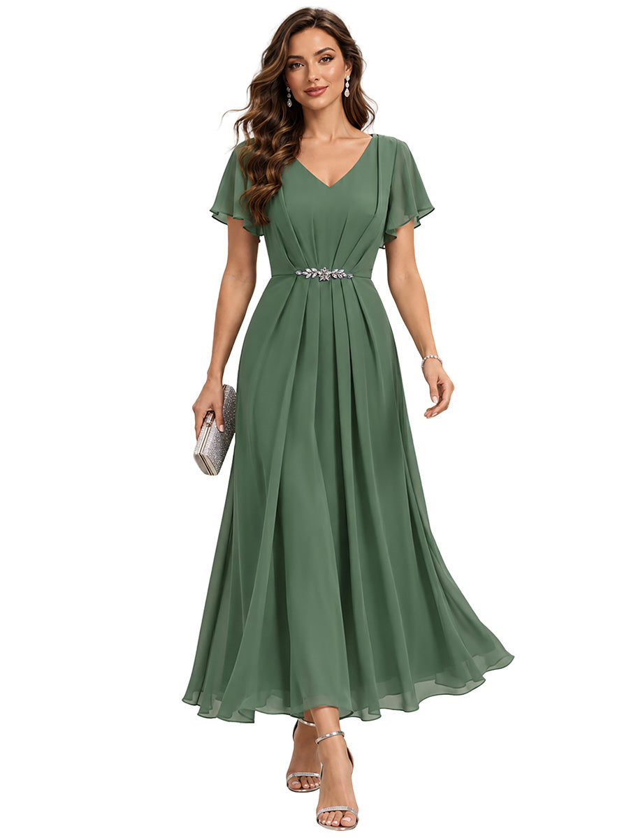 Color=Eucalyptus | Wholesale Short Sleeve Ruffle V-Neck Beaded A-Line Maxi Wedding Guest Dresses-Eucalyptus