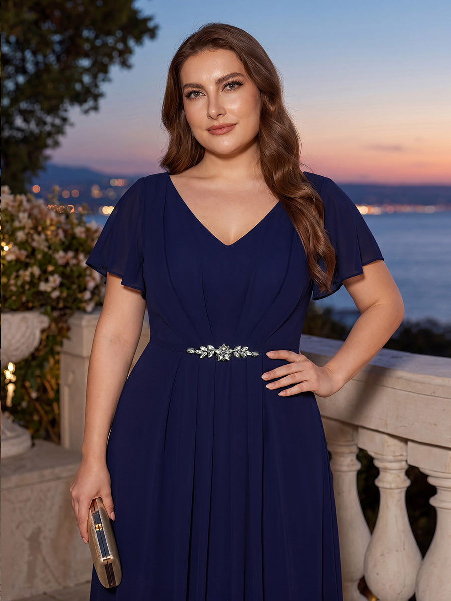 Wholesale Short Sleeve Ruffle V-Neck Beaded A-Line Maxi Wedding Guest Dresses