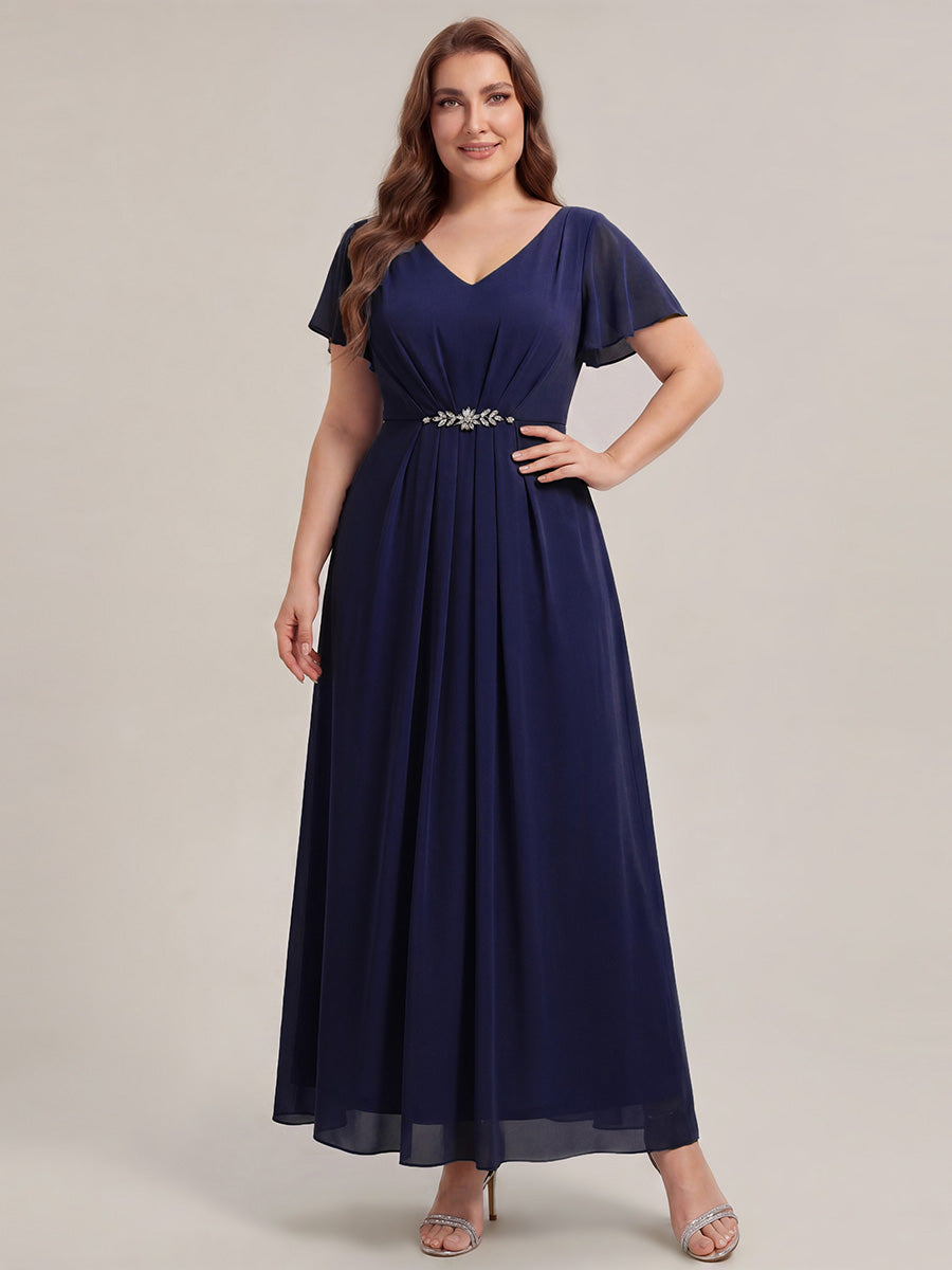 Color=Navy Blue | Wholesale Short Sleeve Ruffle V-Neck Beaded A-Line Maxi Wedding Guest Dresses-Navy Blue 30