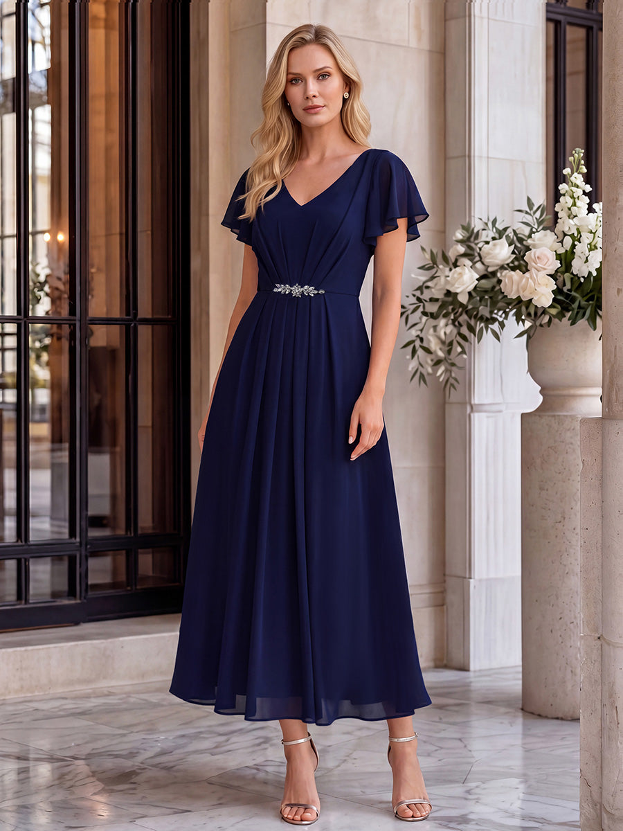 Wholesale Short Sleeve Ruffle V-Neck Beaded A-Line Maxi Wedding Guest Dresses