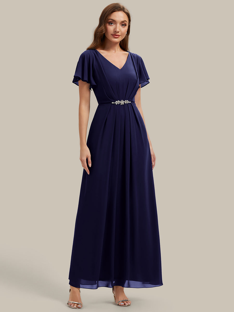 Color=Navy Blue | Wholesale Short Sleeve Ruffle V-Neck Beaded A-Line Maxi Wedding Guest Dresses-Navy Blue 25