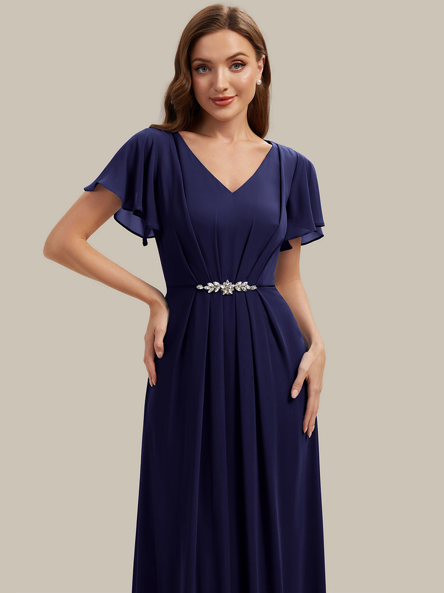 Color=Navy Blue | Wholesale Short Sleeve Ruffle V-Neck Beaded A-Line Maxi Wedding Guest Dresses-Navy Blue 23