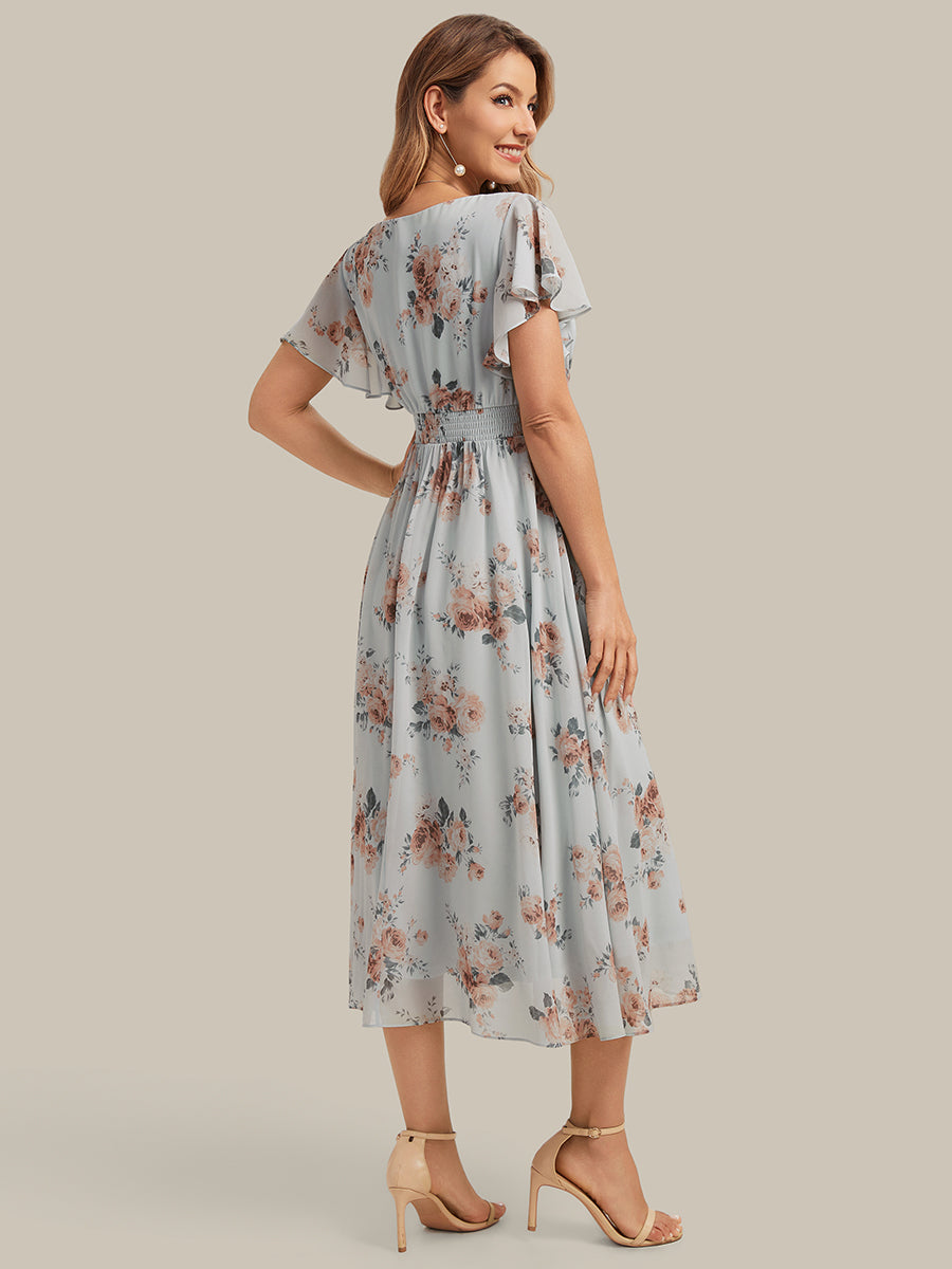 Color=Amber Bloom | One Stop Shop Short Sleeve Ruffle V-Neck A-Line Midi Non-Stretch Wedding Guest Dresses-Amber Bloom 2