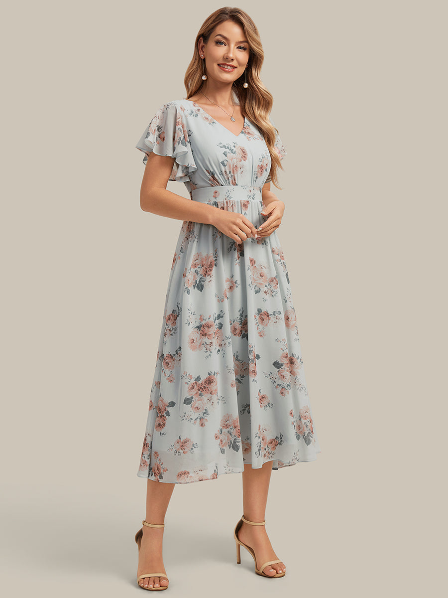 Color=Amber Bloom | One Stop Shop Short Sleeve Ruffle V-Neck A-Line Midi Non-Stretch Wedding Guest Dresses-Amber Bloom 4