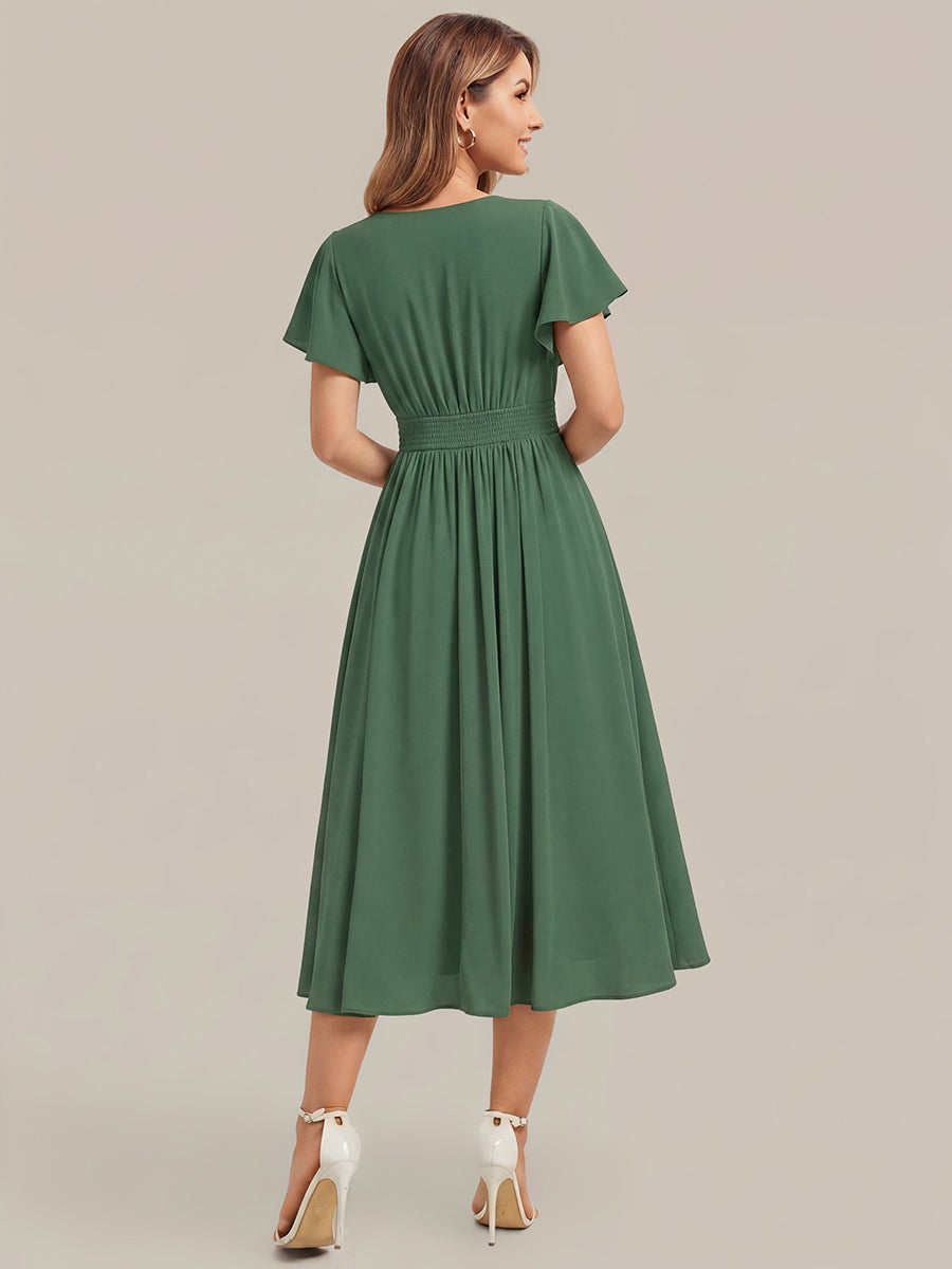 Color=Eucalyptus | One Stop Shop Short Sleeve Ruffle V-Neck A-Line Midi Non-Stretch Wedding Guest Dresses-Eucalyptus 2