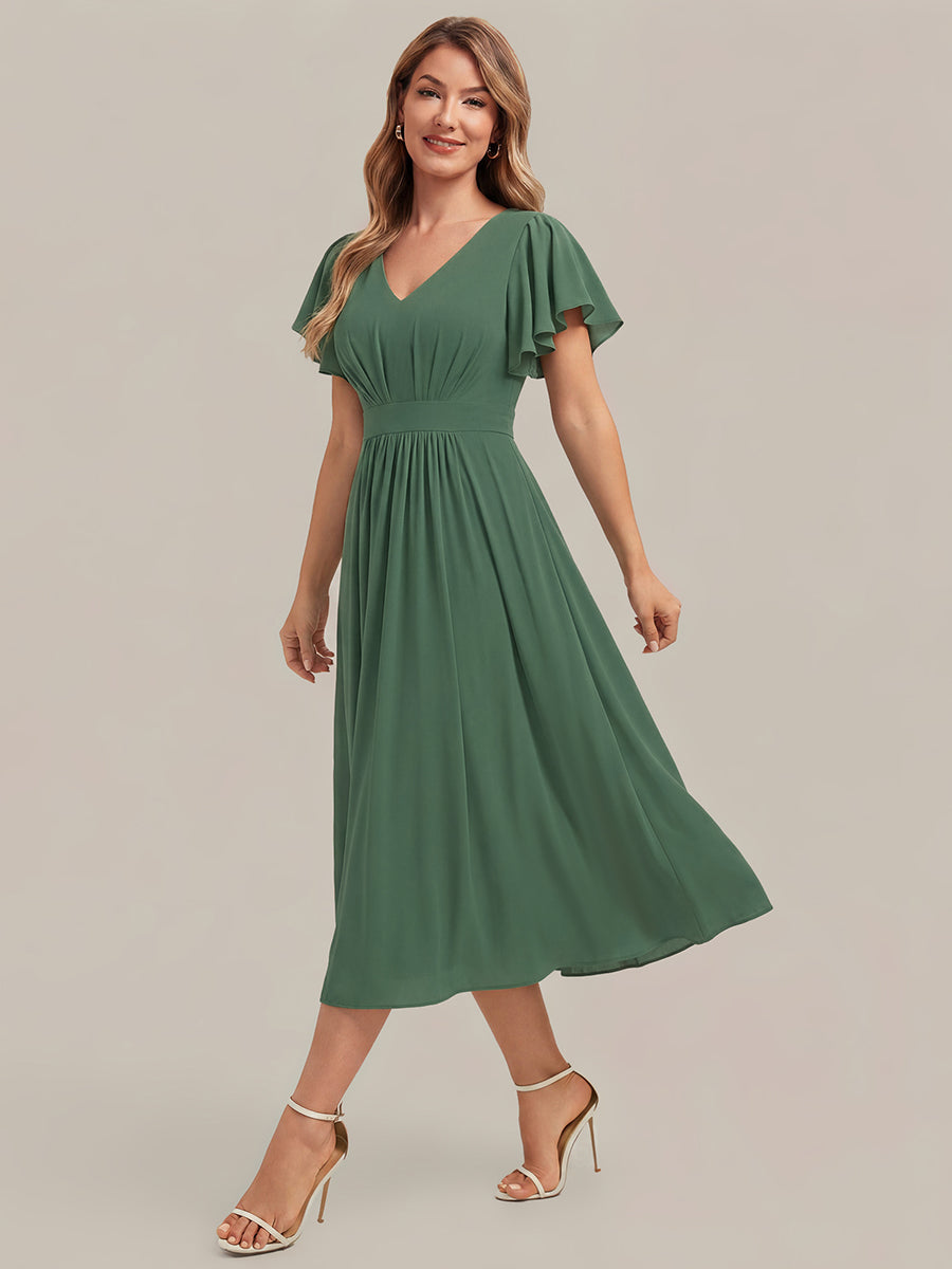 Color=Eucalyptus | One Stop Shop Short Sleeve Ruffle V-Neck A-Line Midi Non-Stretch Wedding Guest Dresses-Eucalyptus 3