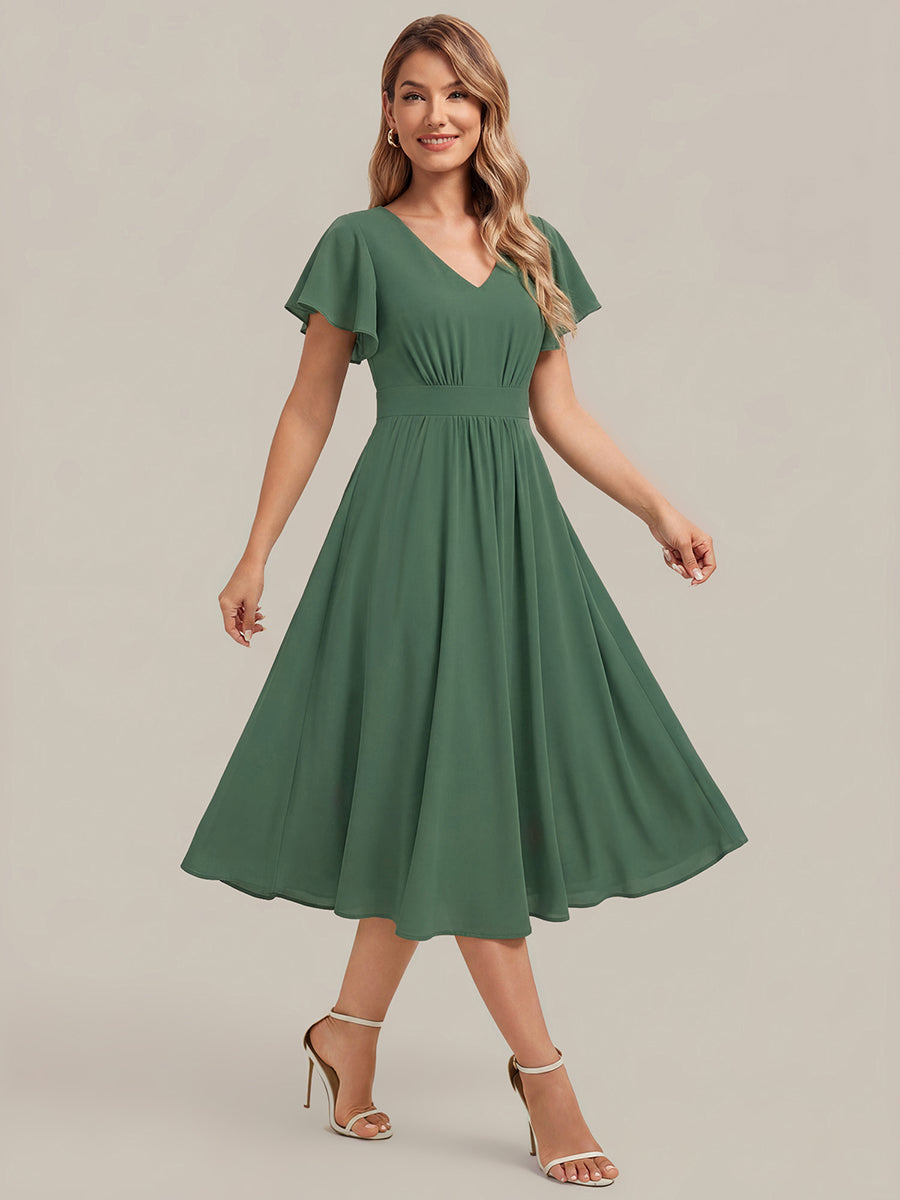 Color=Eucalyptus | One Stop Shop Short Sleeve Ruffle V-Neck A-Line Midi Non-Stretch Wedding Guest Dresses-Eucalyptus 4