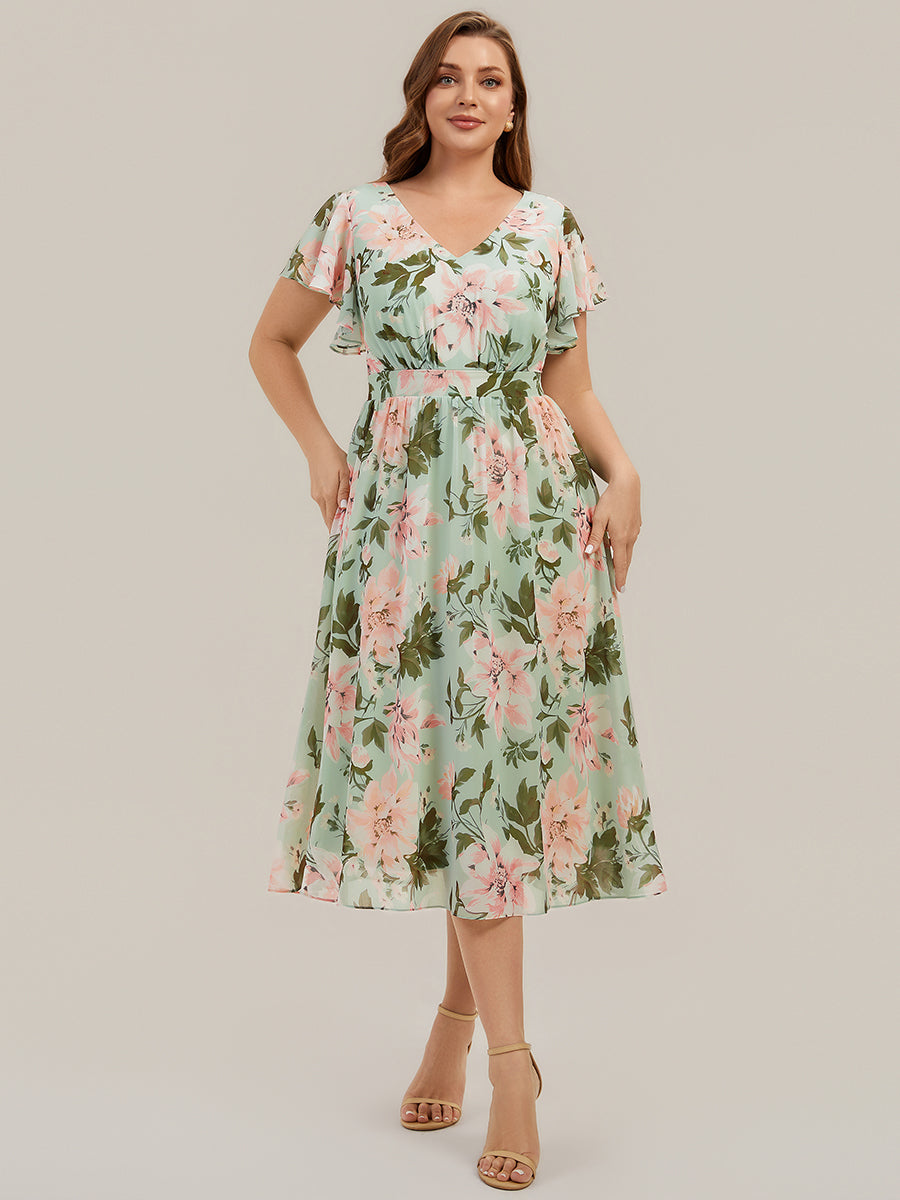 Color=Light Green Floral | One Stop Shop Short Sleeve Ruffle V-Neck A-Line Midi Non-Stretch Wedding Guest Dresses-Light Green Floral 6
