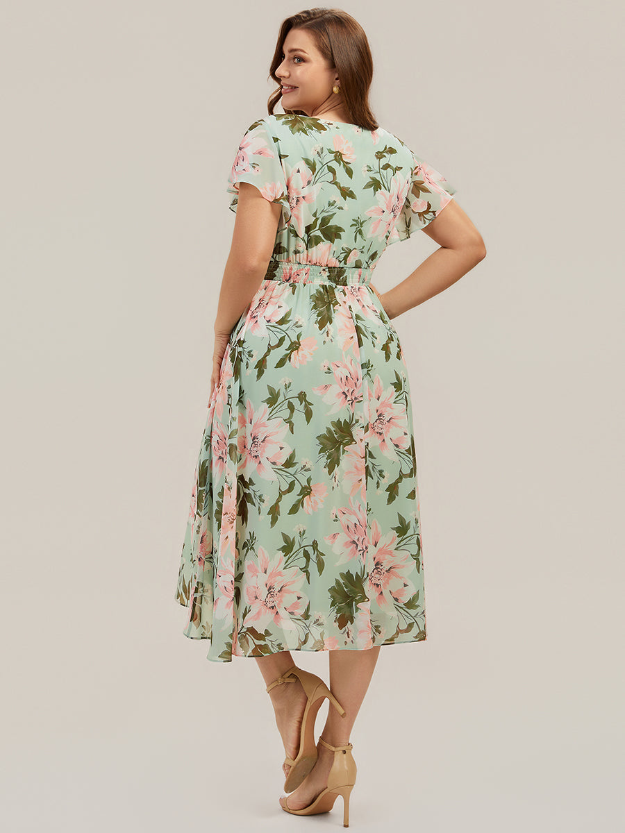 Color=Light Green Floral | One Stop Shop Short Sleeve Ruffle V-Neck A-Line Midi Non-Stretch Wedding Guest Dresses-Light Green Floral 7