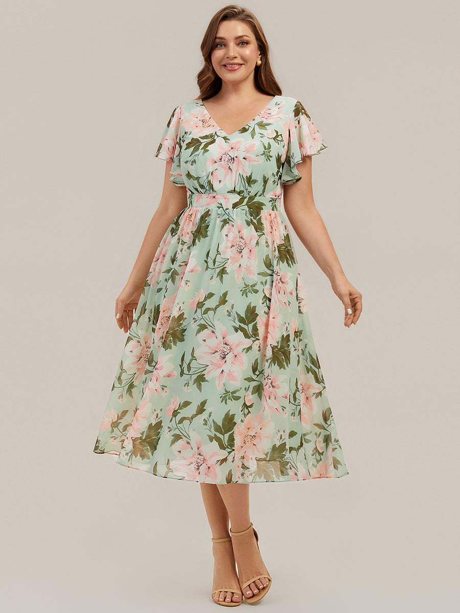 Color=Light Green Floral | One Stop Shop Short Sleeve Ruffle V-Neck A-Line Midi Non-Stretch Wedding Guest Dresses-Light Green Floral 10