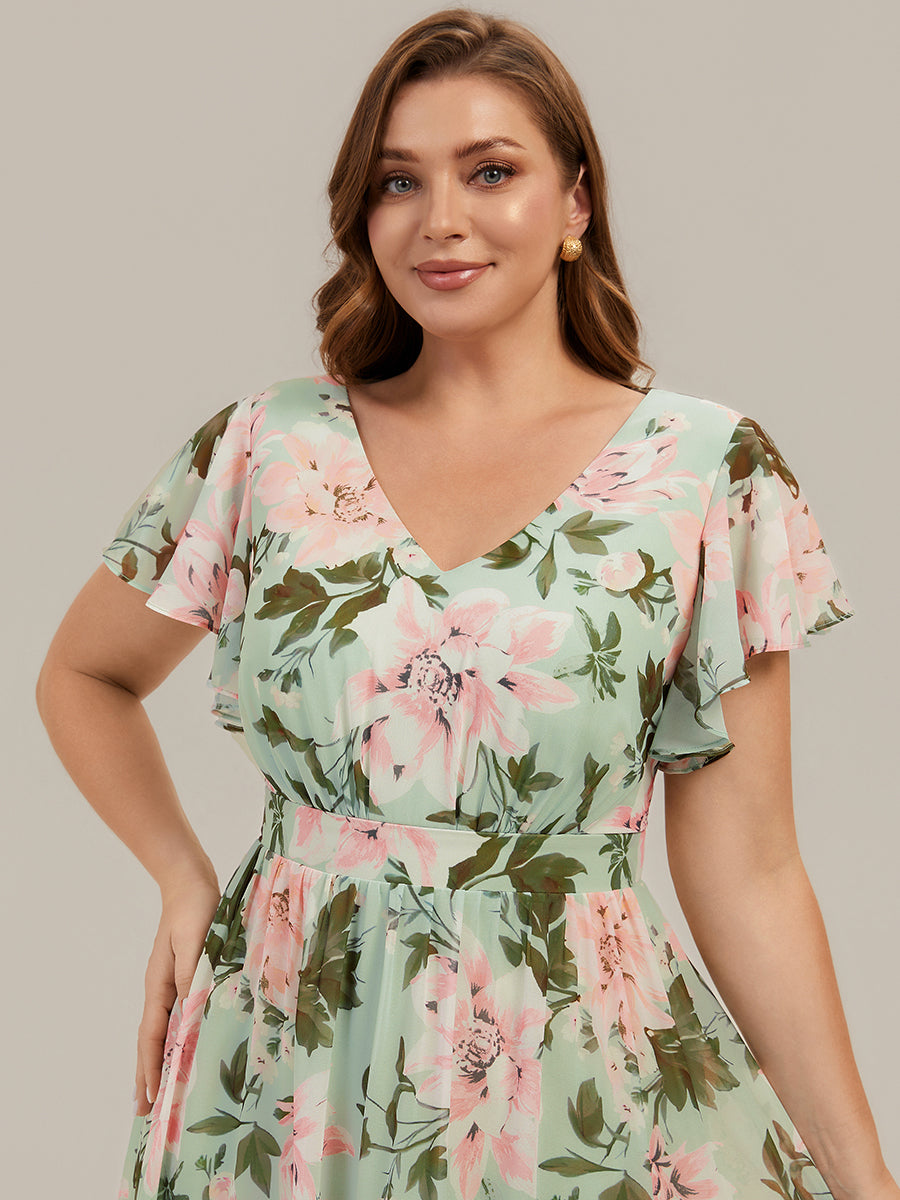 Color=Light Green Floral | One Stop Shop Short Sleeve Ruffle V-Neck A-Line Midi Non-Stretch Wedding Guest Dresses-Light Green Floral 8