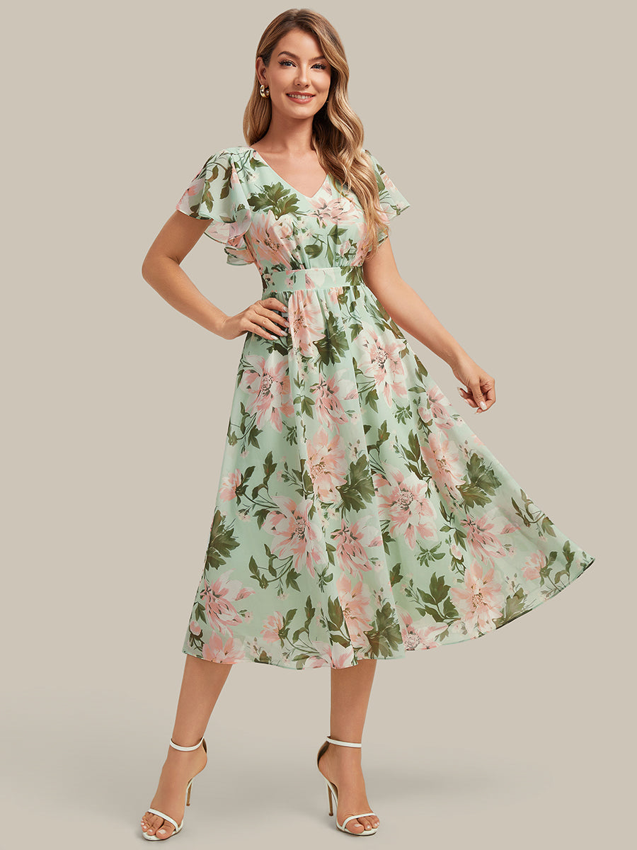 Color=Light Green Floral | One Stop Shop Short Sleeve Ruffle V-Neck A-Line Midi Non-Stretch Wedding Guest Dresses-Light Green Floral 1