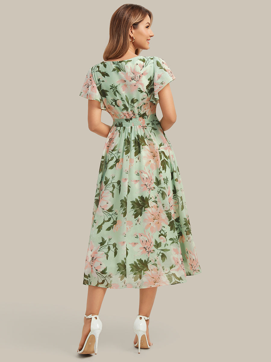 Color=Light Green Floral | One Stop Shop Short Sleeve Ruffle V-Neck A-Line Midi Non-Stretch Wedding Guest Dresses-Light Green Floral 2