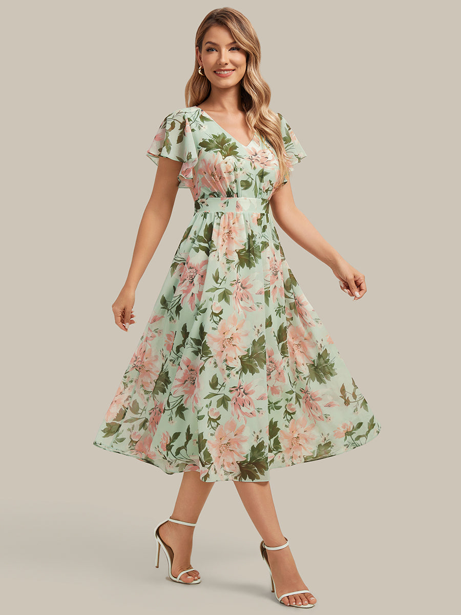 Color=Light Green Floral | One Stop Shop Short Sleeve Ruffle V-Neck A-Line Midi Non-Stretch Wedding Guest Dresses-Light Green Floral 5