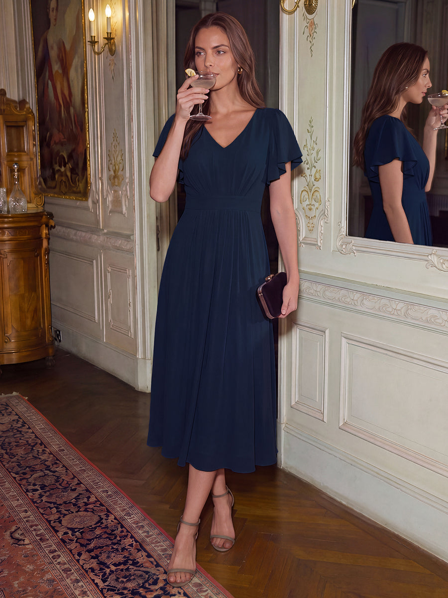 Color=Navy Blue | One Stop Shop Short Sleeve Ruffle V-Neck A-Line Midi Non-Stretch Wedding Guest Dresses-Navy Blue 8