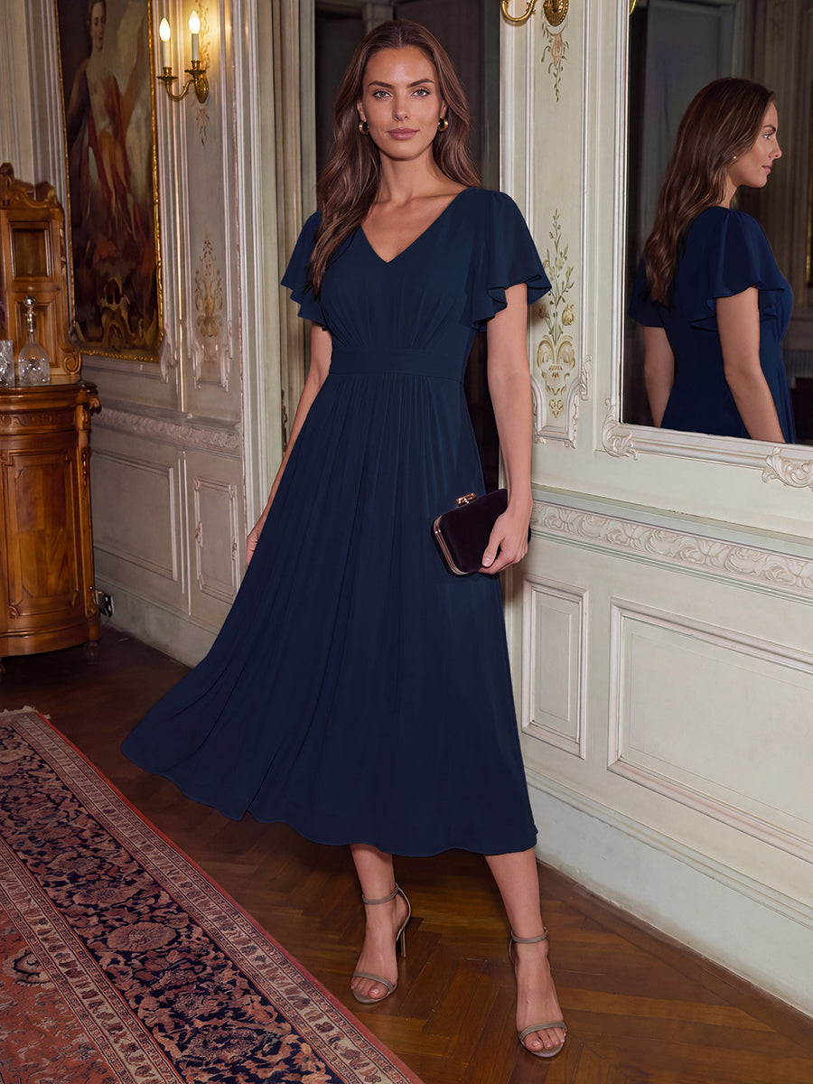 Color=Navy Blue | One Stop Shop Short Sleeve Ruffle V-Neck A-Line Midi Non-Stretch Wedding Guest Dresses-Navy Blue 9