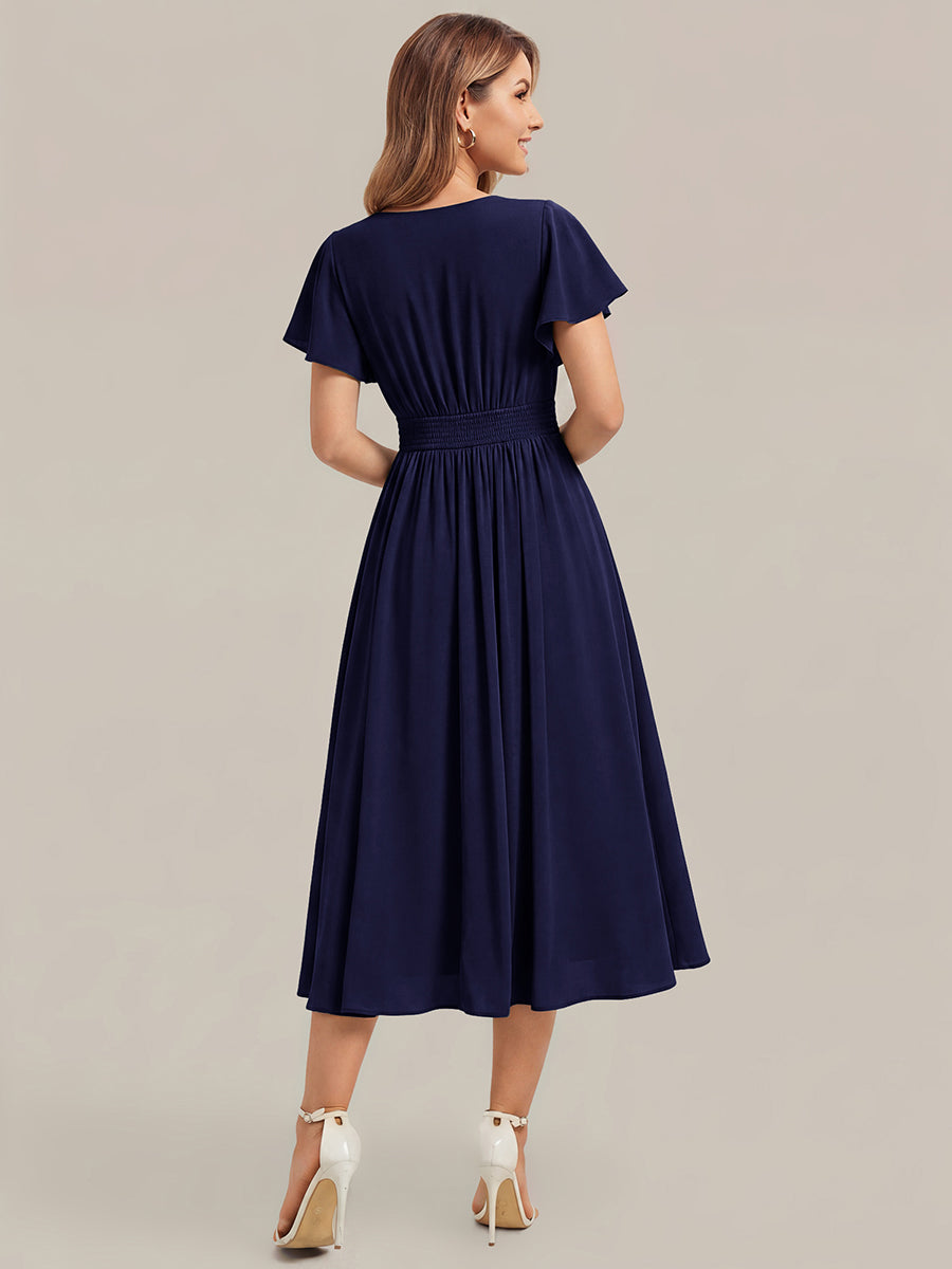 Color=Navy Blue | One Stop Shop Short Sleeve Ruffle V-Neck A-Line Midi Non-Stretch Wedding Guest Dresses-Navy Blue 2