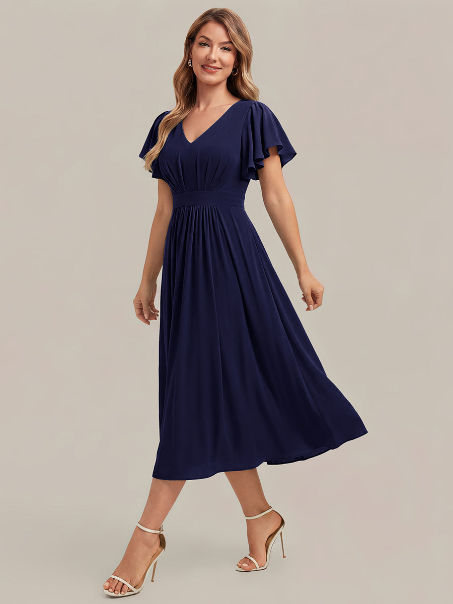 Color=Navy Blue | One Stop Shop Short Sleeve Ruffle V-Neck A-Line Midi Non-Stretch Wedding Guest Dresses-Navy Blue 3