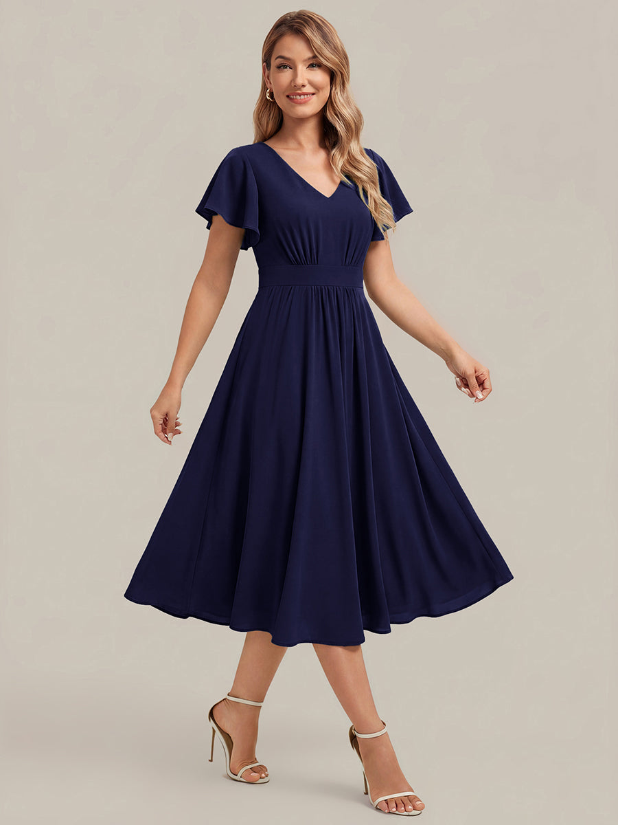 Color=Navy Blue | One Stop Shop Short Sleeve Ruffle V-Neck A-Line Midi Non-Stretch Wedding Guest Dresses-Navy Blue 4