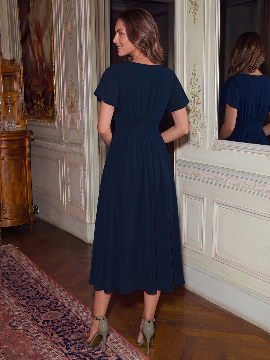 Color=Navy Blue | One Stop Shop Short Sleeve Ruffle V-Neck A-Line Midi Non-Stretch Wedding Guest Dresses-Navy Blue 7