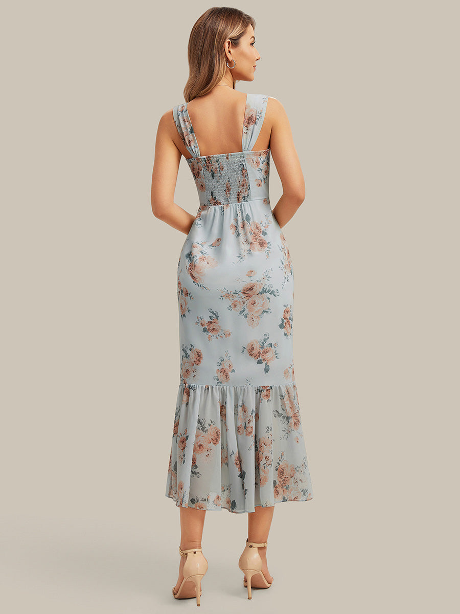 Color=Amber Bloom | Industrial Use Sleeveless Sweetheart Neck Fishtail Pleated Midi Wedding Guest Dress-Amber Bloom 2