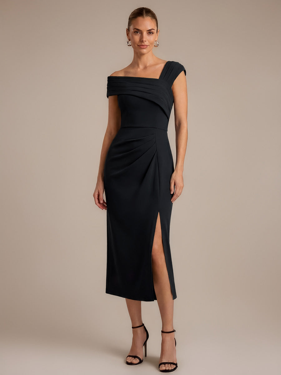 Color=Black | Wholesale Pricing Short Sleeve High Stretch Sheath Midi Dress with 3D Draping Slit Wedding Guest Dresses-Black 1