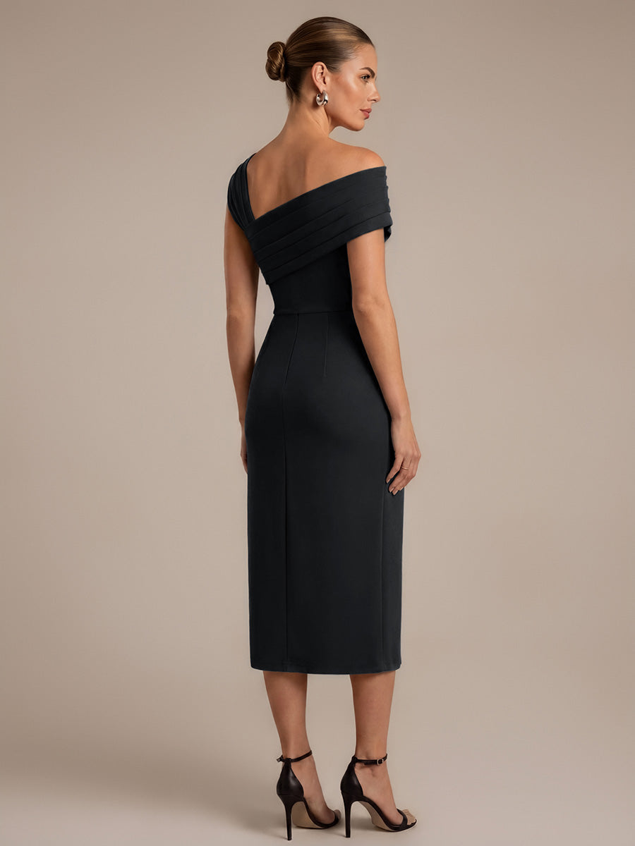 Color=Black | Wholesale Pricing Short Sleeve High Stretch Sheath Midi Dress with 3D Draping Slit Wedding Guest Dresses-Black 2