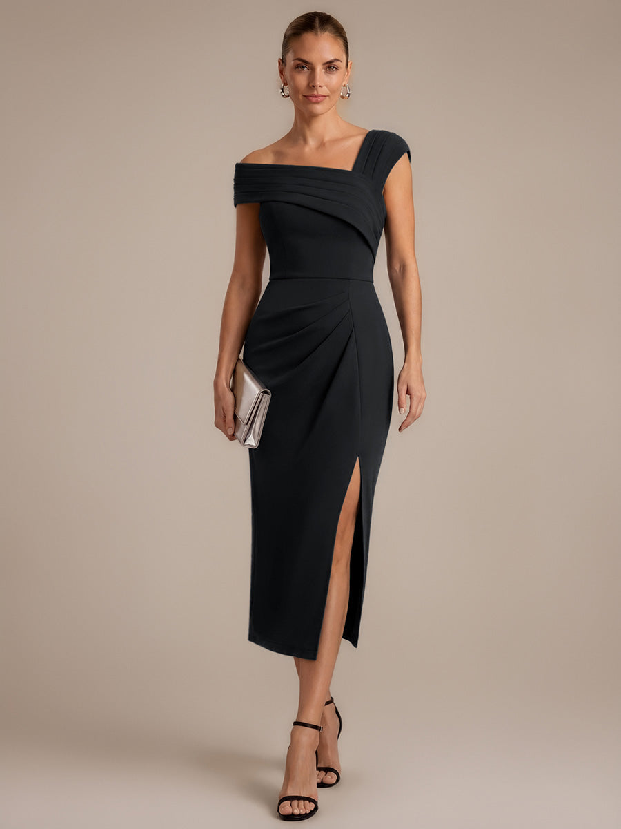 Color=Black | Wholesale Pricing Short Sleeve High Stretch Sheath Midi Dress with 3D Draping Slit Wedding Guest Dresses-Black 4