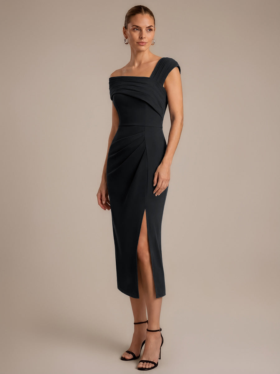 Color=Black | Wholesale Pricing Short Sleeve High Stretch Sheath Midi Dress with 3D Draping Slit Wedding Guest Dresses-Black 5