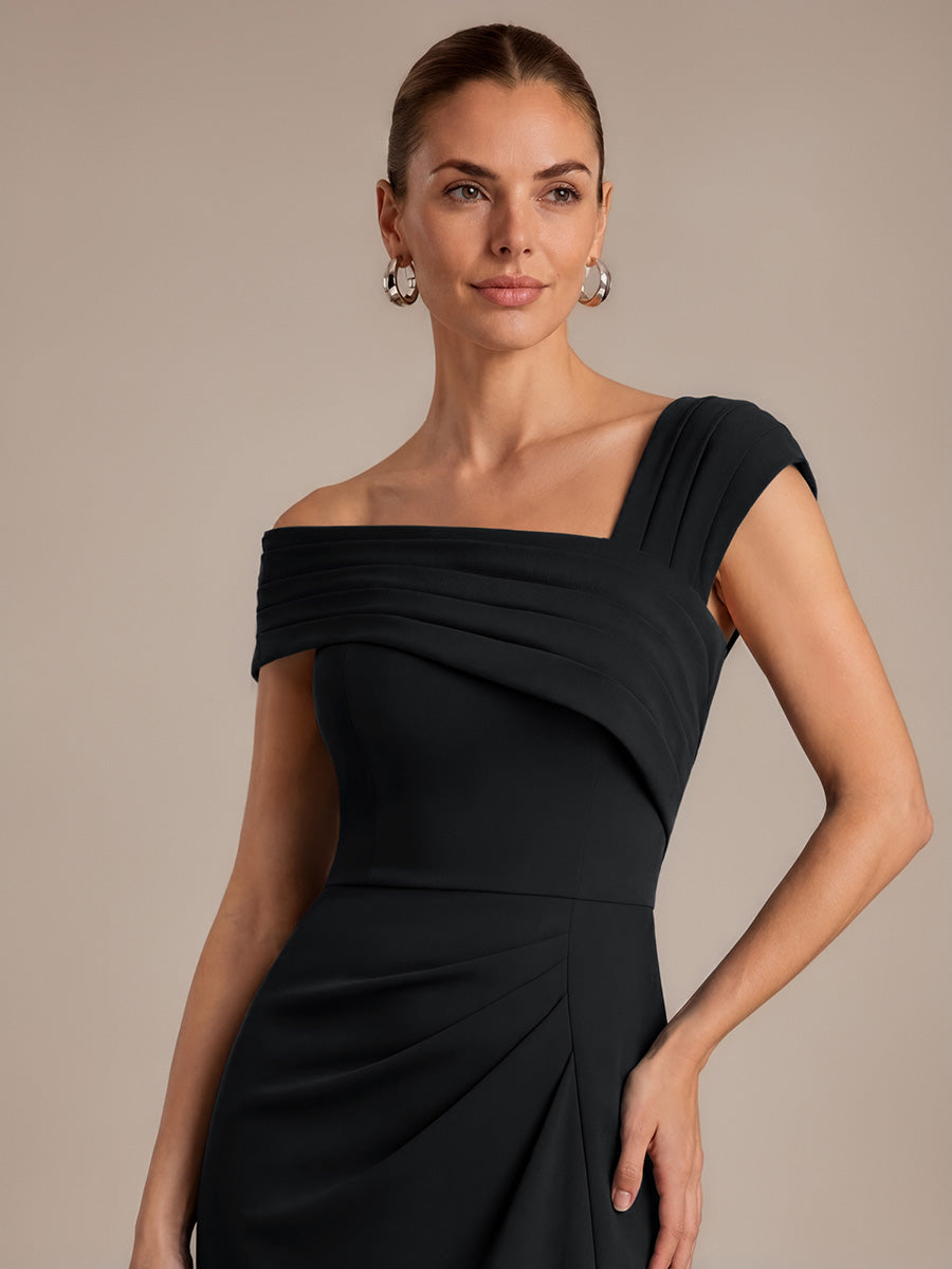 Color=Black | Wholesale Pricing Short Sleeve High Stretch Sheath Midi Dress with 3D Draping Slit Wedding Guest Dresses-Black 3