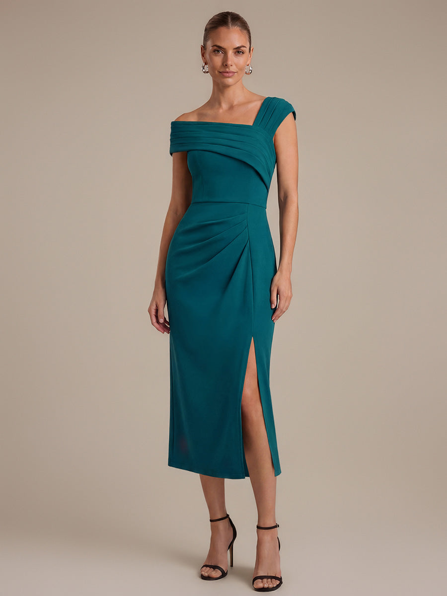 Color=Teal Blue|Wholesale Pricing Short Sleeve High Stretch Sheath Midi Dress with 3D Draping Slit Wedding Guest Dresses-Teal Blue