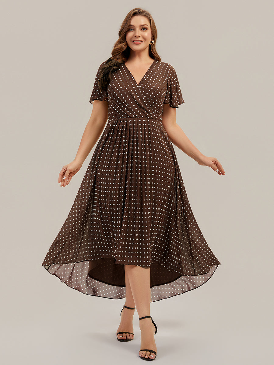 Color=Brown polka dots | Fast Delivery Short Sleeve Ruffle V-Neck Polka Dot A-Line High-Low Wedding Guest Dresses-Brown polka dots 16