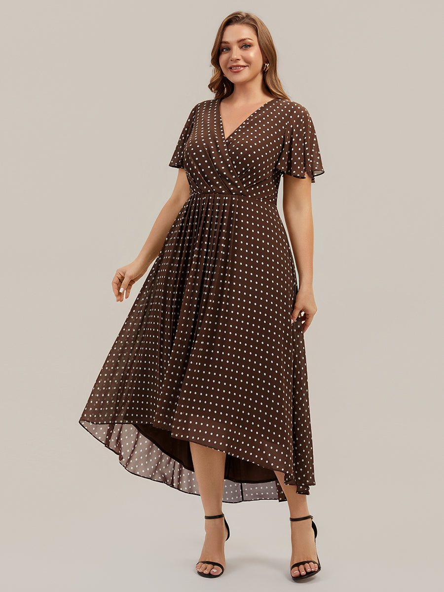 Color=Brown polka dots | Fast Delivery Short Sleeve Ruffle V-Neck Polka Dot A-Line High-Low Wedding Guest Dresses-Brown polka dots 19