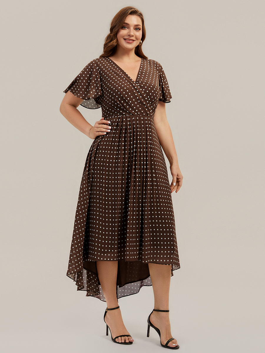 Color=Brown polka dots | Fast Delivery Short Sleeve Ruffle V-Neck Polka Dot A-Line High-Low Wedding Guest Dresses-Brown polka dots 20
