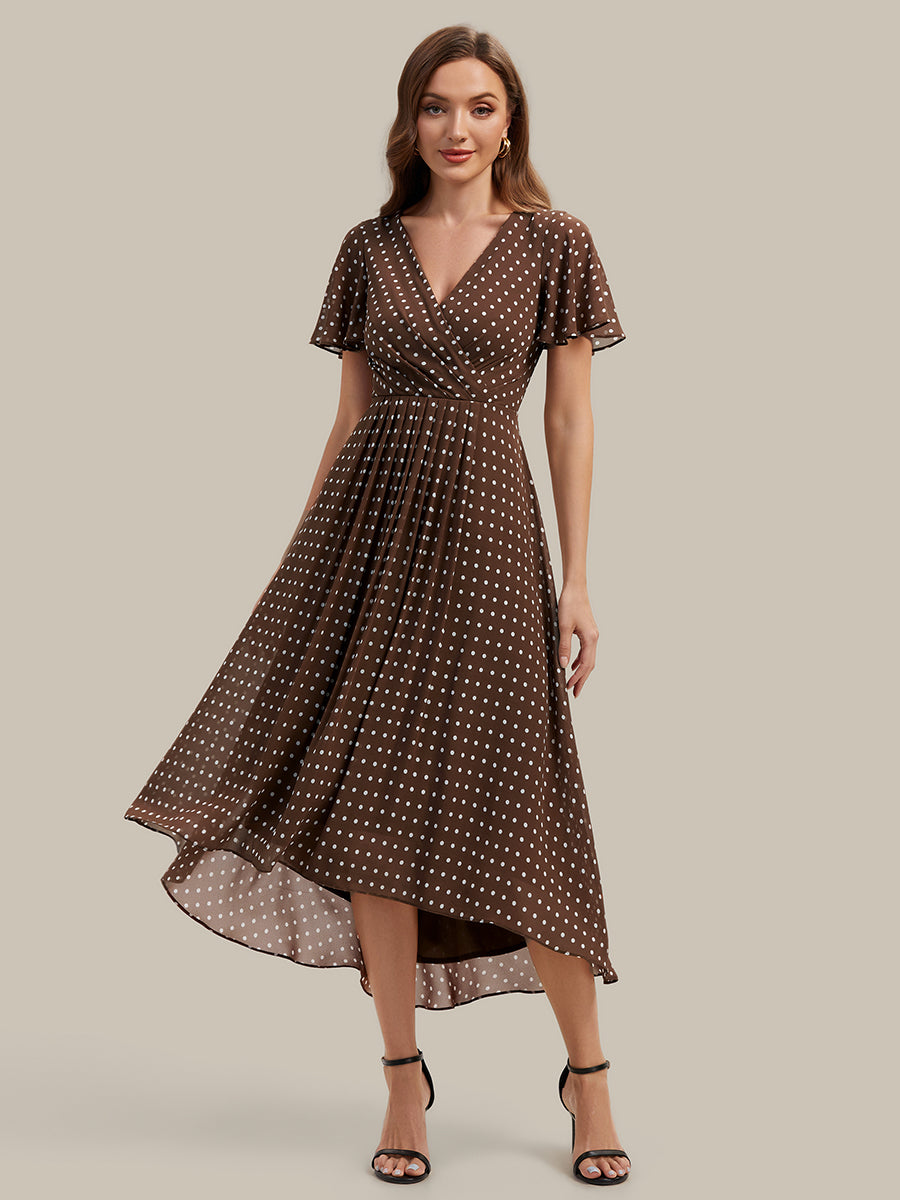 Color=Brown polka dots | Fast Delivery Short Sleeve Ruffle V-Neck Polka Dot A-Line High-Low Wedding Guest Dresses-Brown polka dots 11